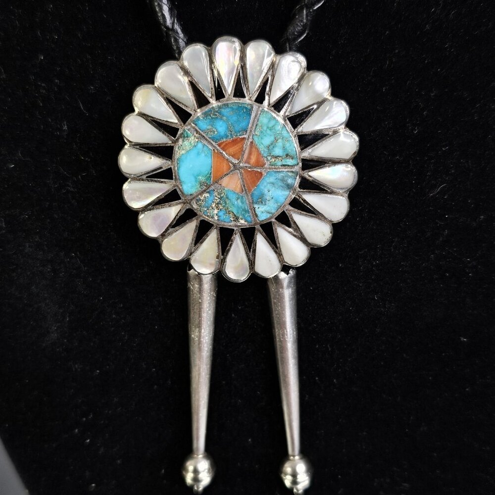 Zuni Sunface Inlay Turquoise Mother of PearlBolo Tie With Sterling Silver Tips